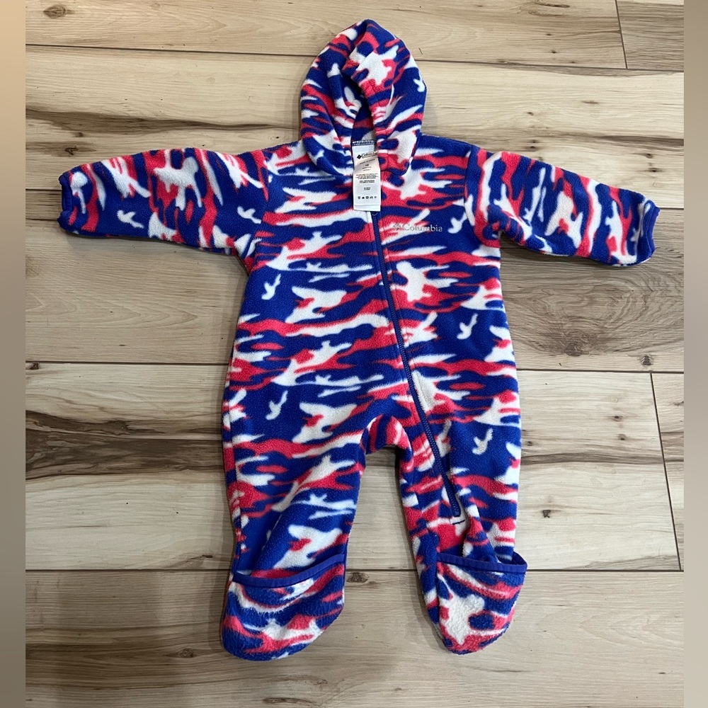 Columbia 12 month bunting suit. Pink, white, blue